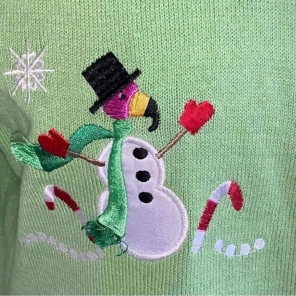 Crystal Kobe Light Green Christmas Cardigan Sweater Tropical Flamingo Size Large - Picture 5 of 9